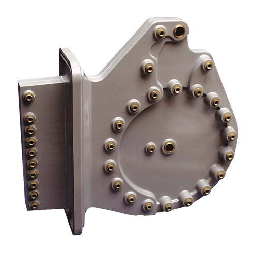 Gray metallic mechanical component with multiple bolts arranged in a circular pattern and a rectangular extension on the left side.