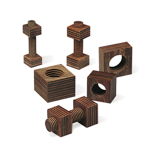Six wooden objects shaped like bolts and nuts. Three are bolts with threads, and three are square nuts with holes. The wood grain is visible, and all pieces have a striped layered texture.