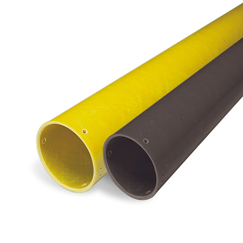 Two large cylindrical pipes, one yellow and one dark gray, lying parallel to each other on a white background. Each pipe has small holes near the open ends.