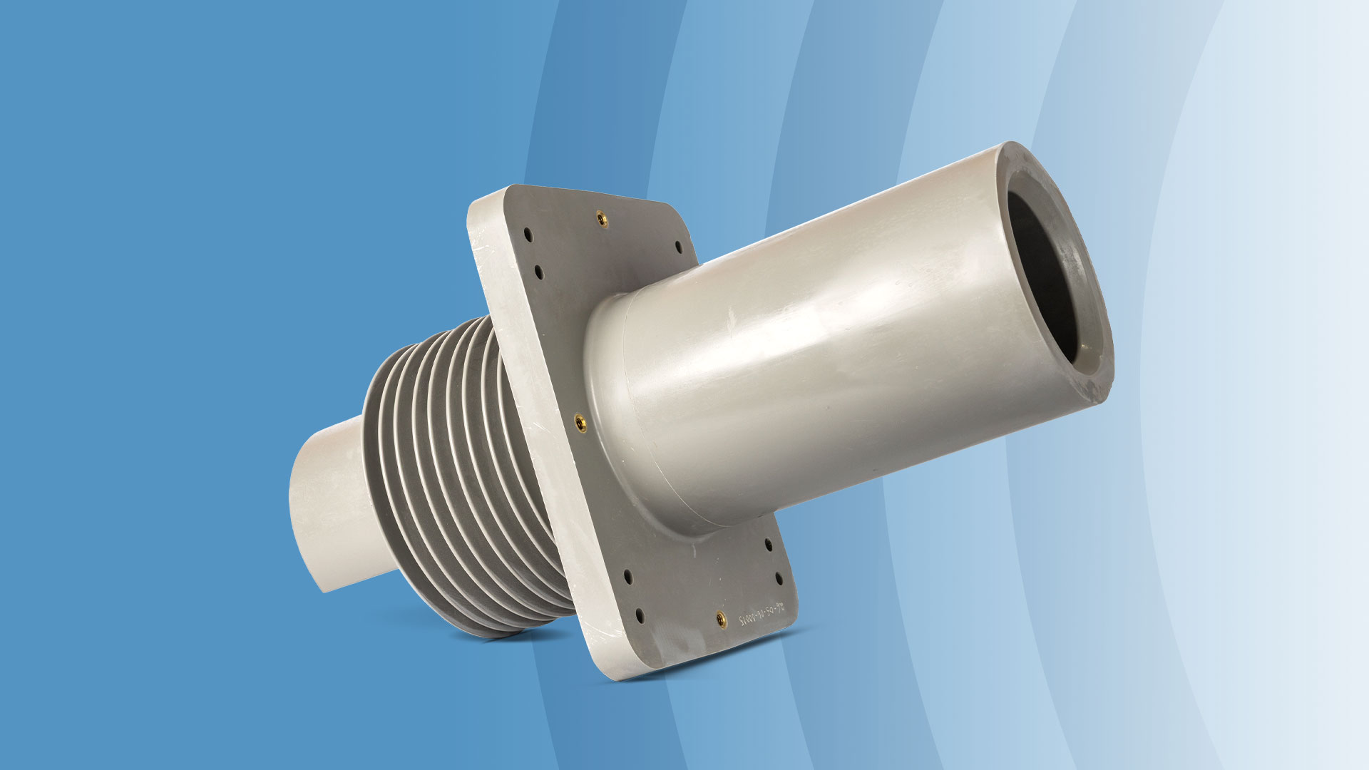A gray industrial electrical bushing with a ribbed insulator and mounting plate, set against a blue gradient background.