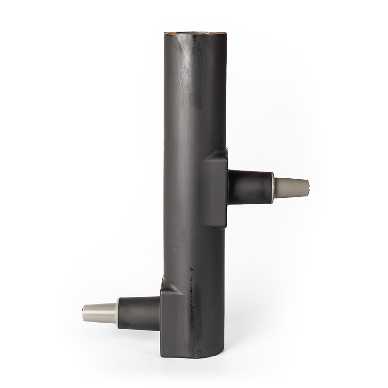 Black cylindrical plastic pipe connector with two smaller side outlets, oriented vertically on a white background.