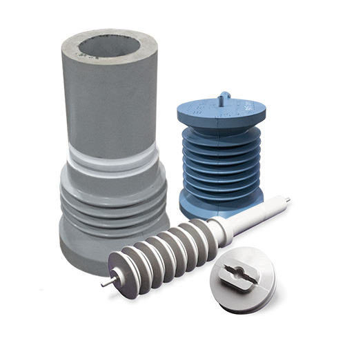 Four different electrical insulators with ribbed and grooved designs, shown in gray and blue colors, are grouped together on a white background.