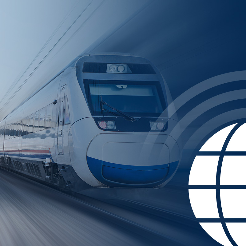 A modern high-speed train travels on tracks with motion blur, accompanied by a stylized white globe icon on the right side of the image.
